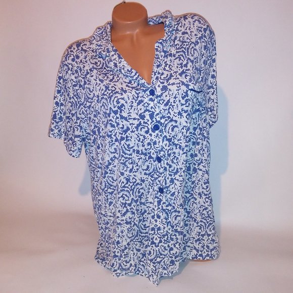 Soma Other - Soma Pajama Top Sleepwear XL Blue White Short Sleeve Geo Button Up Rayon Spandex